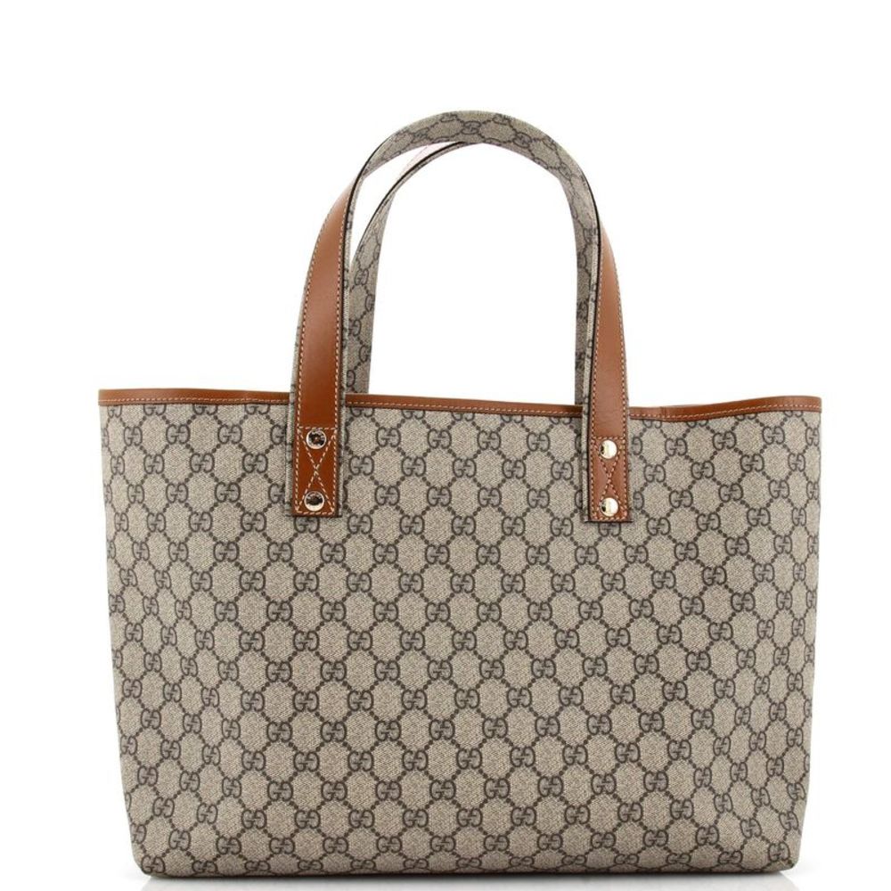Gucci Beige GG Canvas Tote with Brown Leather Trim and Green-Red Web - Picture 3 of 5